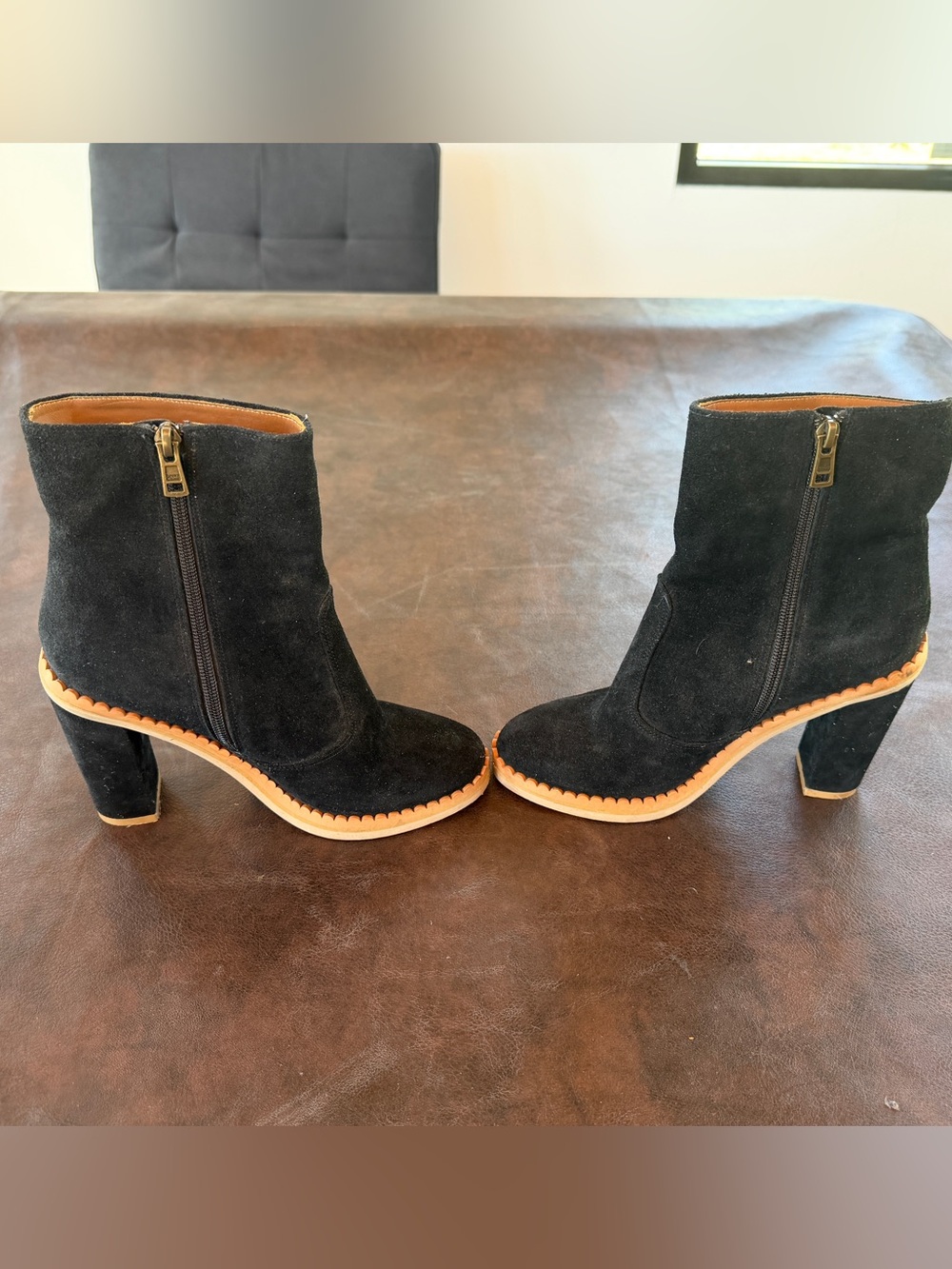 See By Chloe Black Suede Ankle Boots with Tan Trim